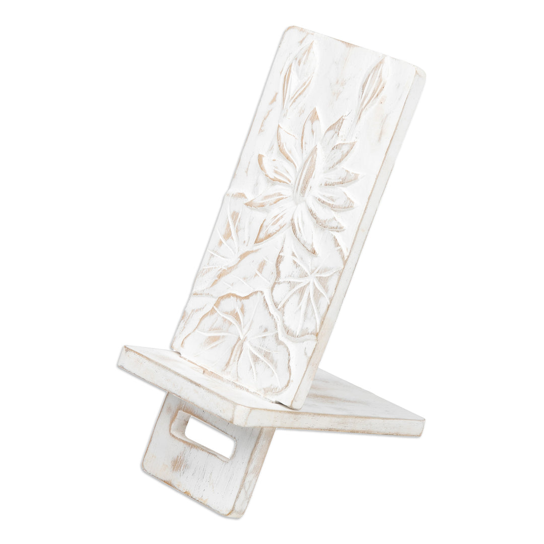 Hand-Carved Lotus-Inspired White Jempinis Wood Phone Stand - White Spring