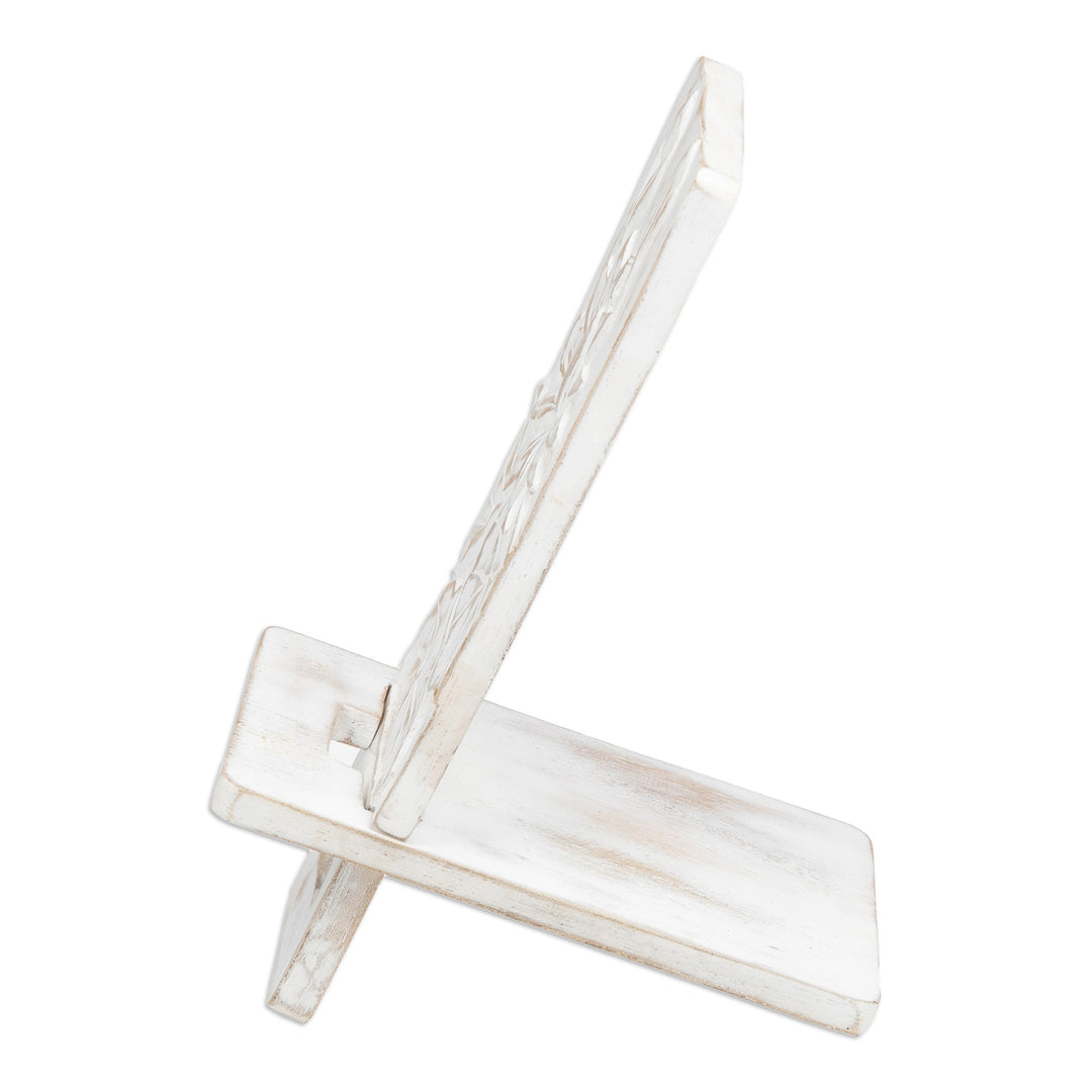 Hand-Carved Lotus-Inspired White Jempinis Wood Phone Stand - White Spring