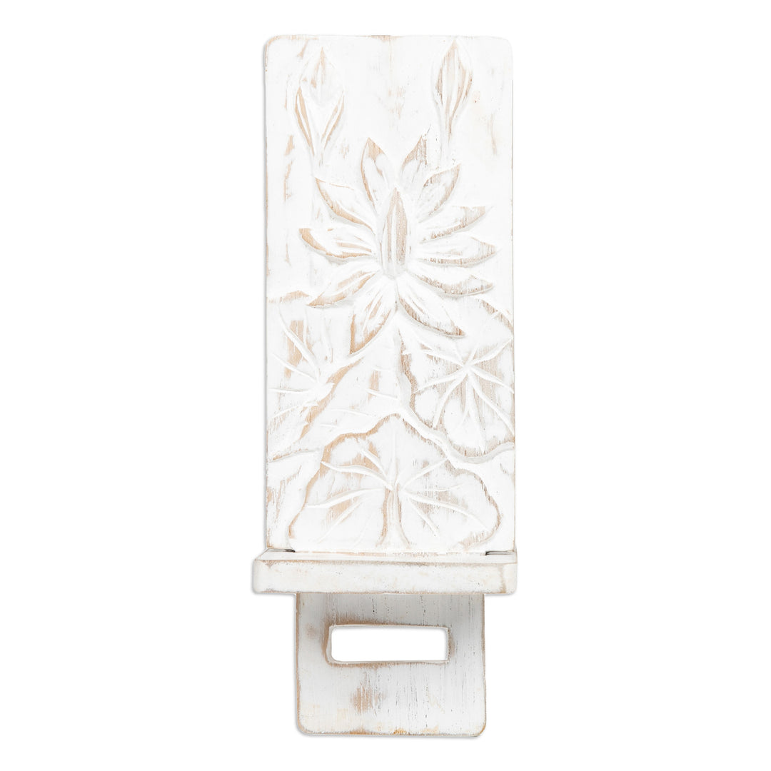 Hand-Carved Lotus-Inspired White Jempinis Wood Phone Stand - White Spring