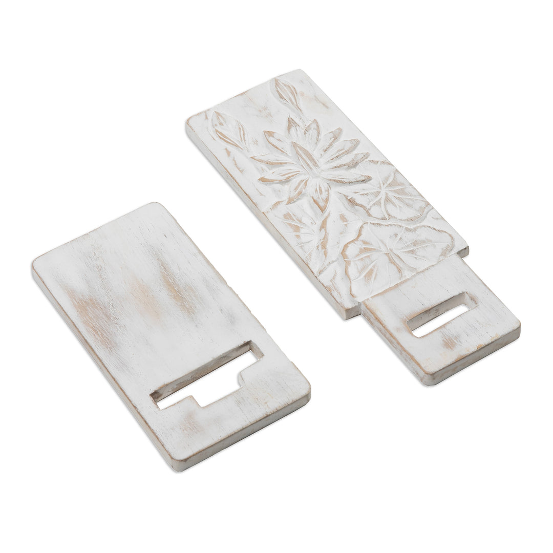 Hand-Carved Lotus-Inspired White Jempinis Wood Phone Stand - White Spring