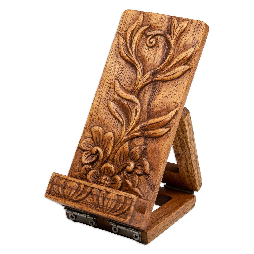 Nature-Inspired Leafy Hand-Carved Jempinis Wood Phone Stand - Thriving Flower