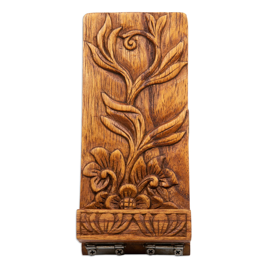 Nature-Inspired Leafy Hand-Carved Jempinis Wood Phone Stand - Thriving Flower