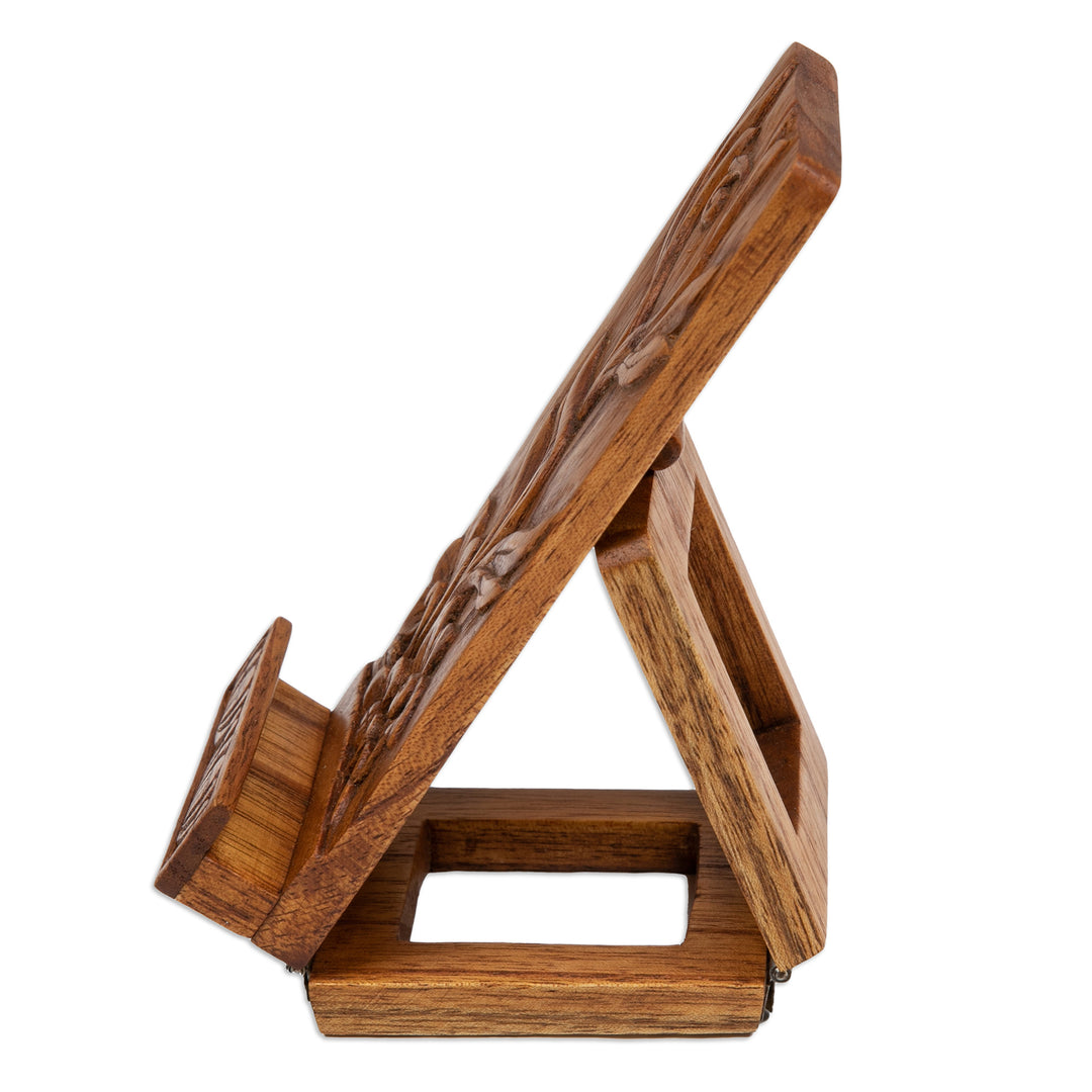 Nature-Inspired Leafy Hand-Carved Jempinis Wood Phone Stand - Thriving Flower