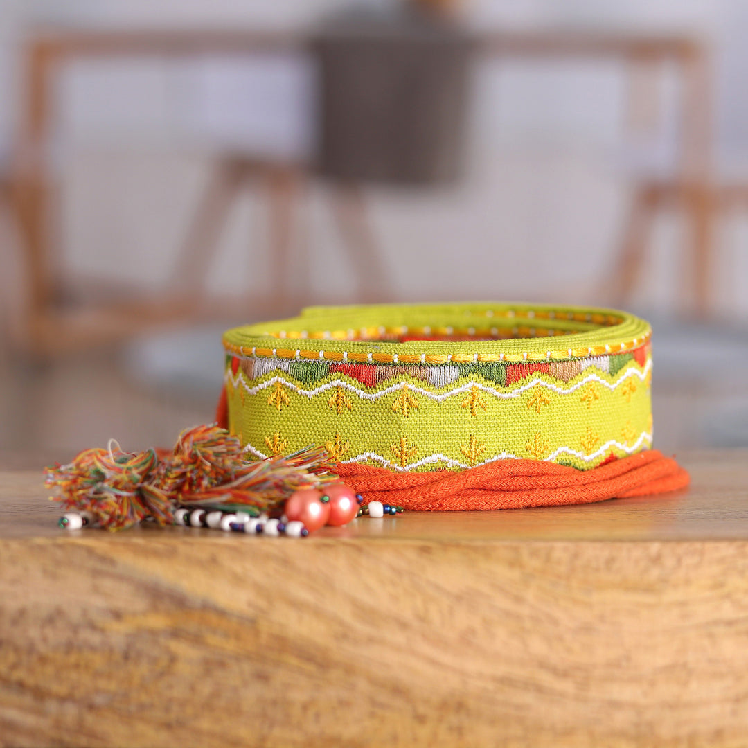 Rayon Embroidered Chartreuse Cotton Belt with Tassels - Chartreuse Tassels