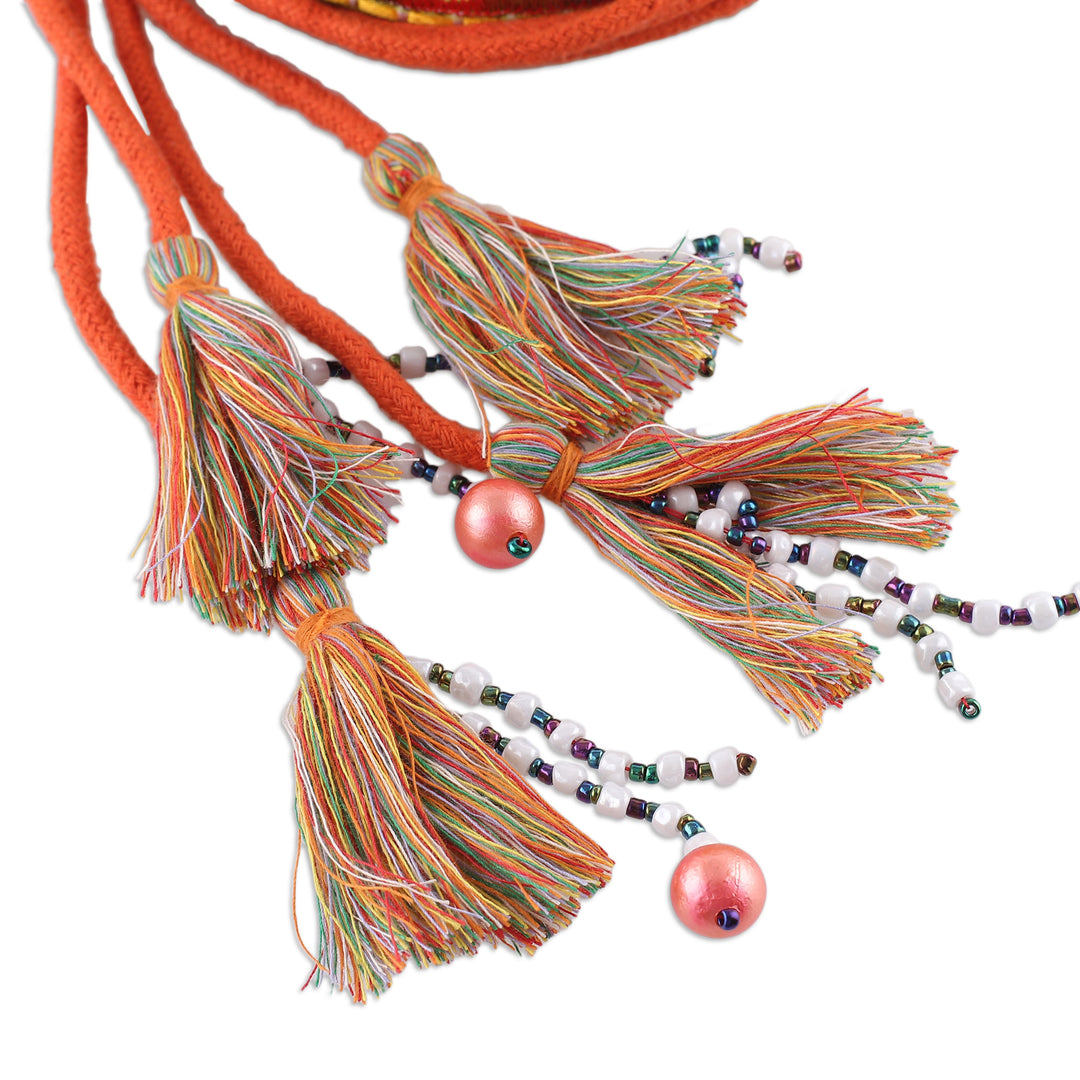 Rayon Embroidered Chartreuse Cotton Belt with Tassels - Chartreuse Tassels