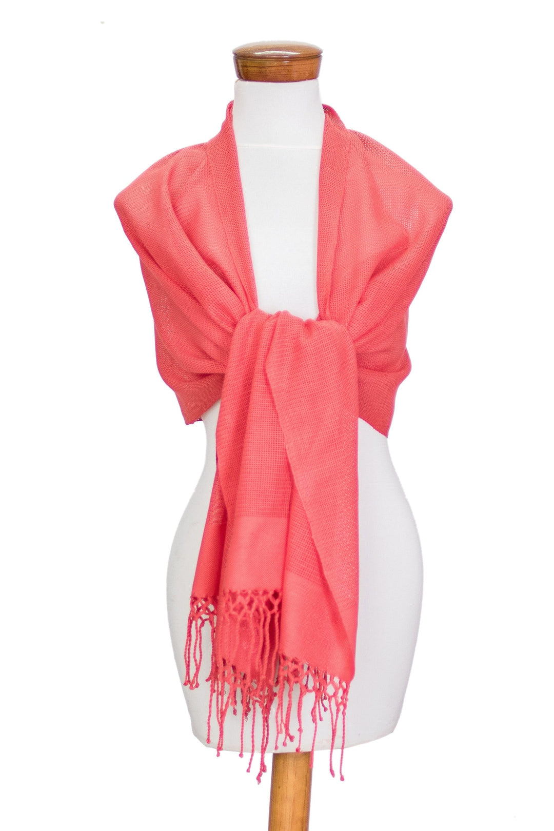 Handloomed Floral Pink Rayon Shawl with Fringes - Pink Blooming