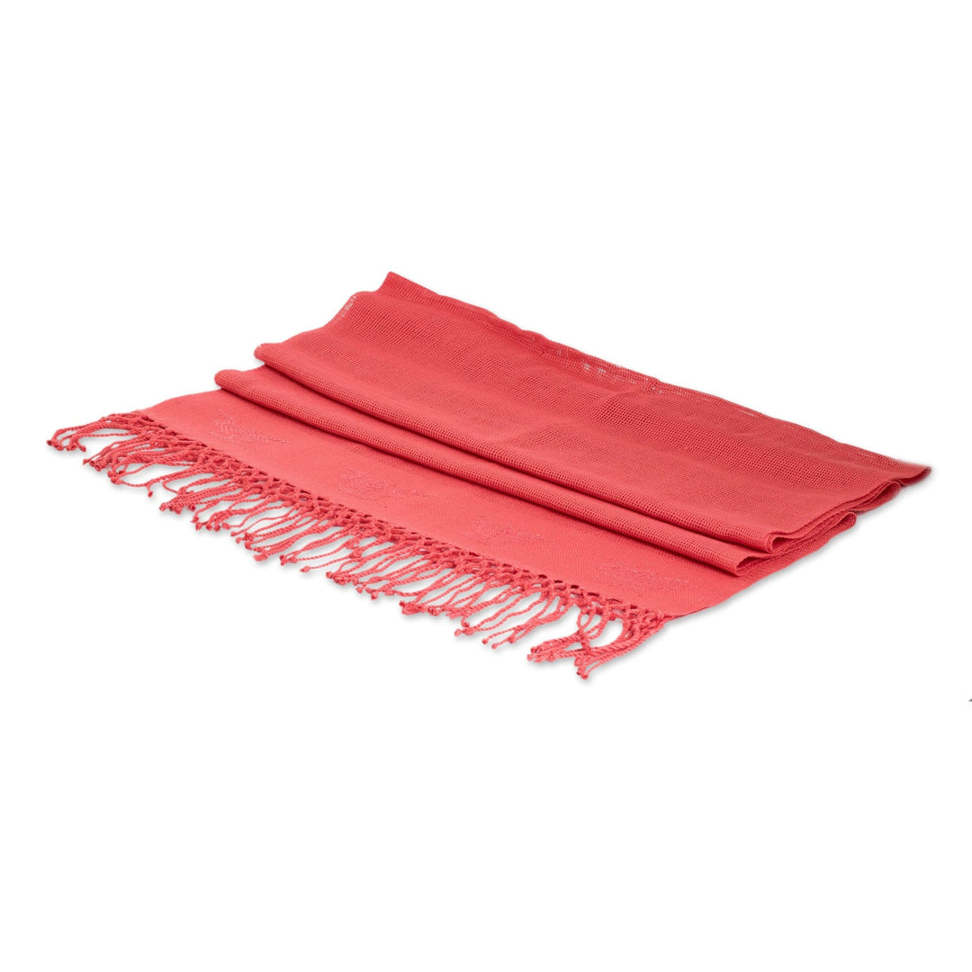 Handloomed Floral Pink Rayon Shawl with Fringes - Pink Blooming