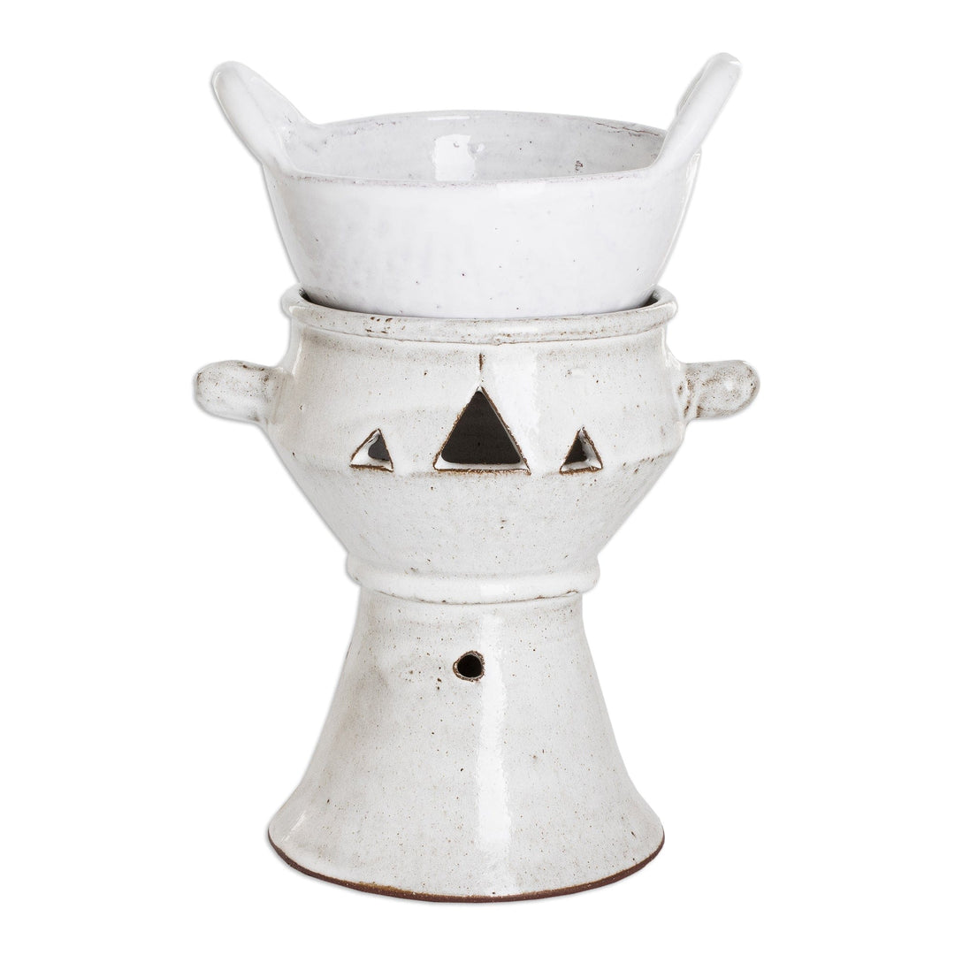 Handcrafted Ceramic Fondue Pot in Ivory Shade from Honduras - Explosion of Flavor in Ivory