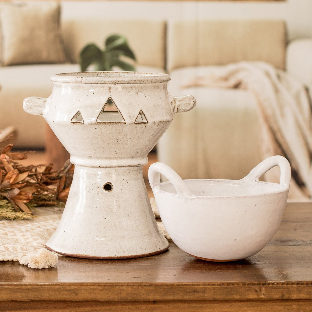 Handcrafted Ceramic Fondue Pot in Ivory Shade from Honduras - Explosion of Flavor in Ivory