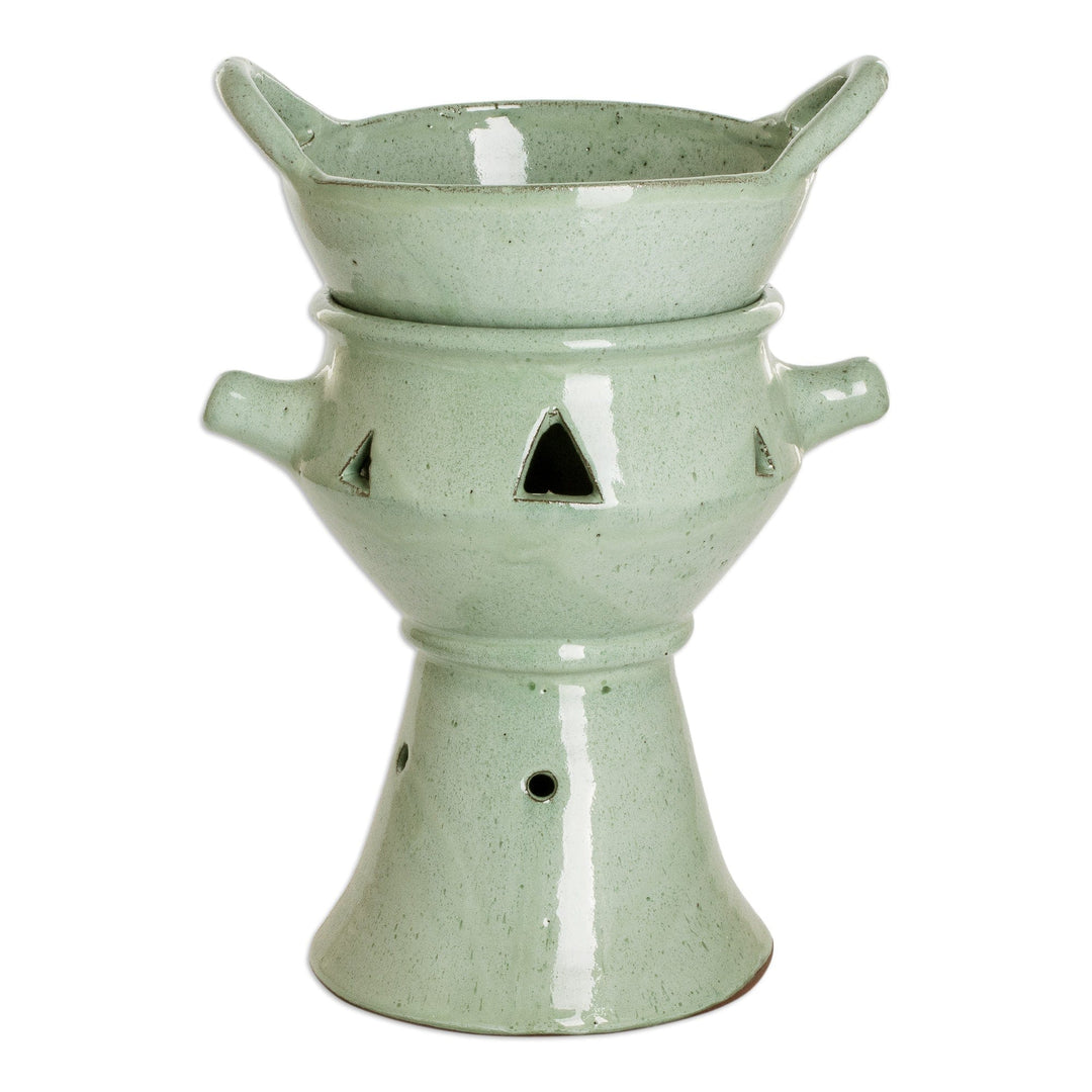 Handcrafted Large Green Ceramic Fondue Pot from Honduras - Explosion of Flavor