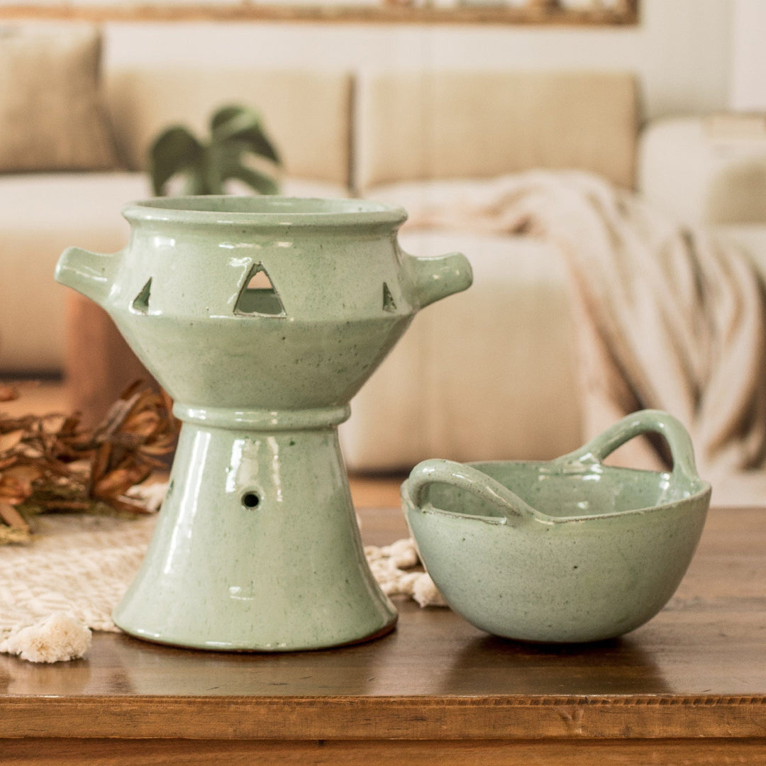 Handcrafted Large Green Ceramic Fondue Pot from Honduras - Explosion of Flavor