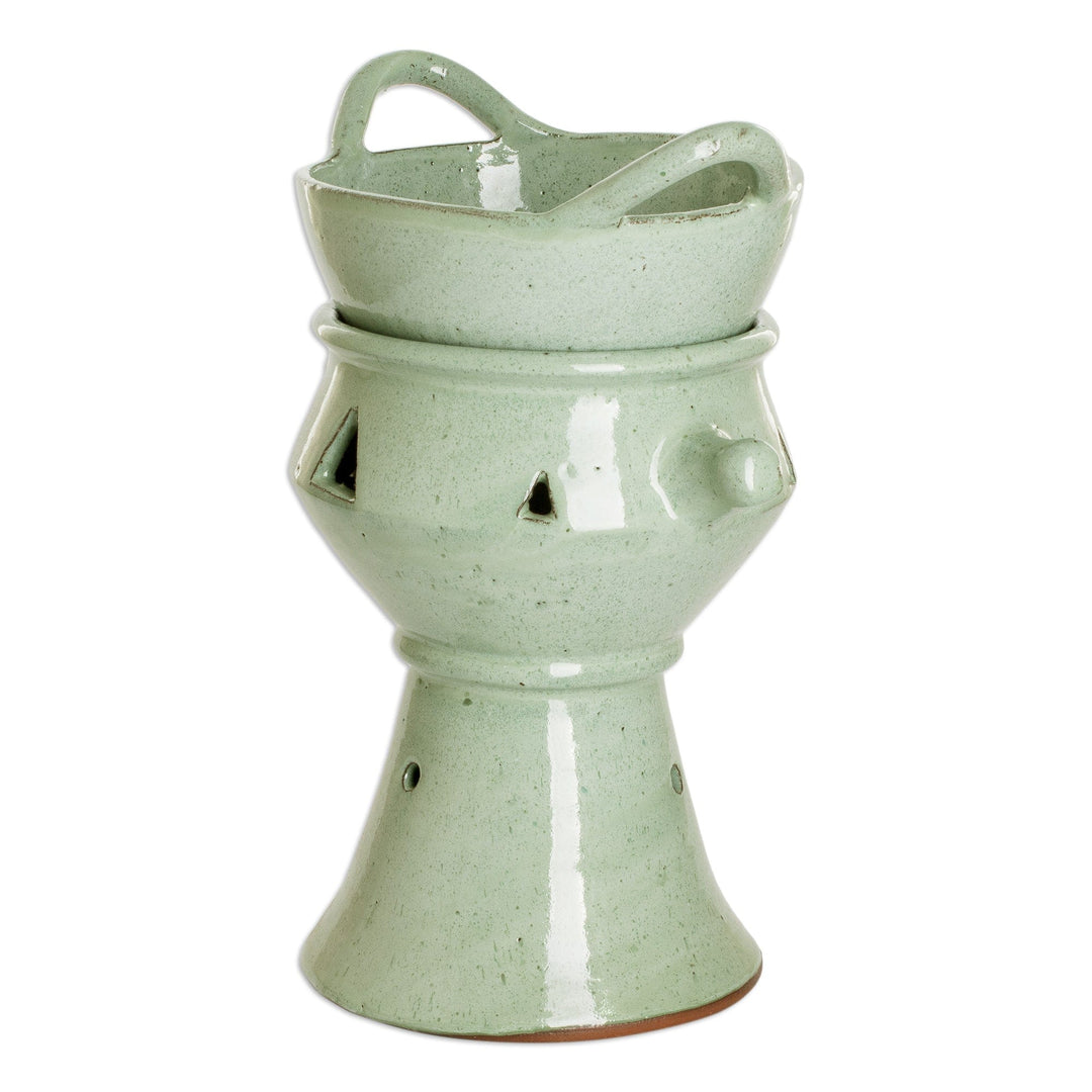 Handcrafted Large Green Ceramic Fondue Pot from Honduras - Explosion of Flavor