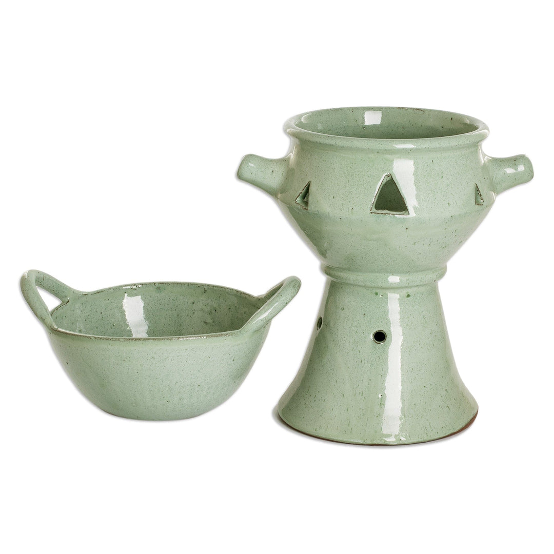 Handcrafted Large Green Ceramic Fondue Pot from Honduras - Explosion of Flavor