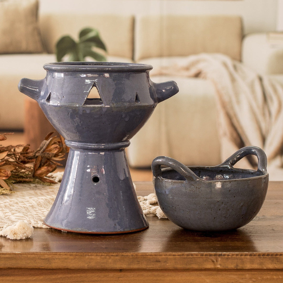 Handcrafted Ceramic Fondue Pot in Blue Shade from Honduras - Explosion of Flavor in Blue