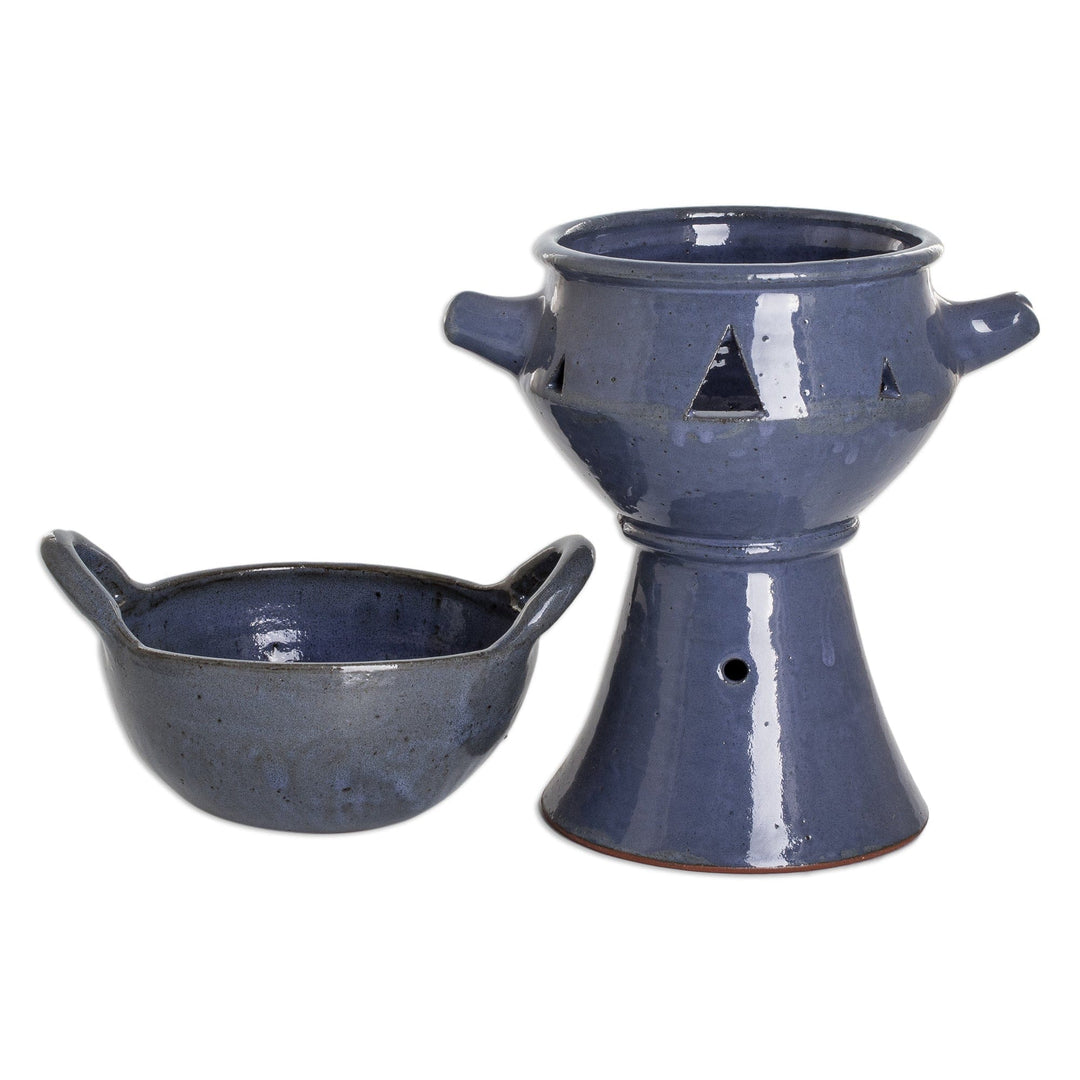 Handcrafted Ceramic Fondue Pot in Blue Shade from Honduras - Explosion of Flavor in Blue
