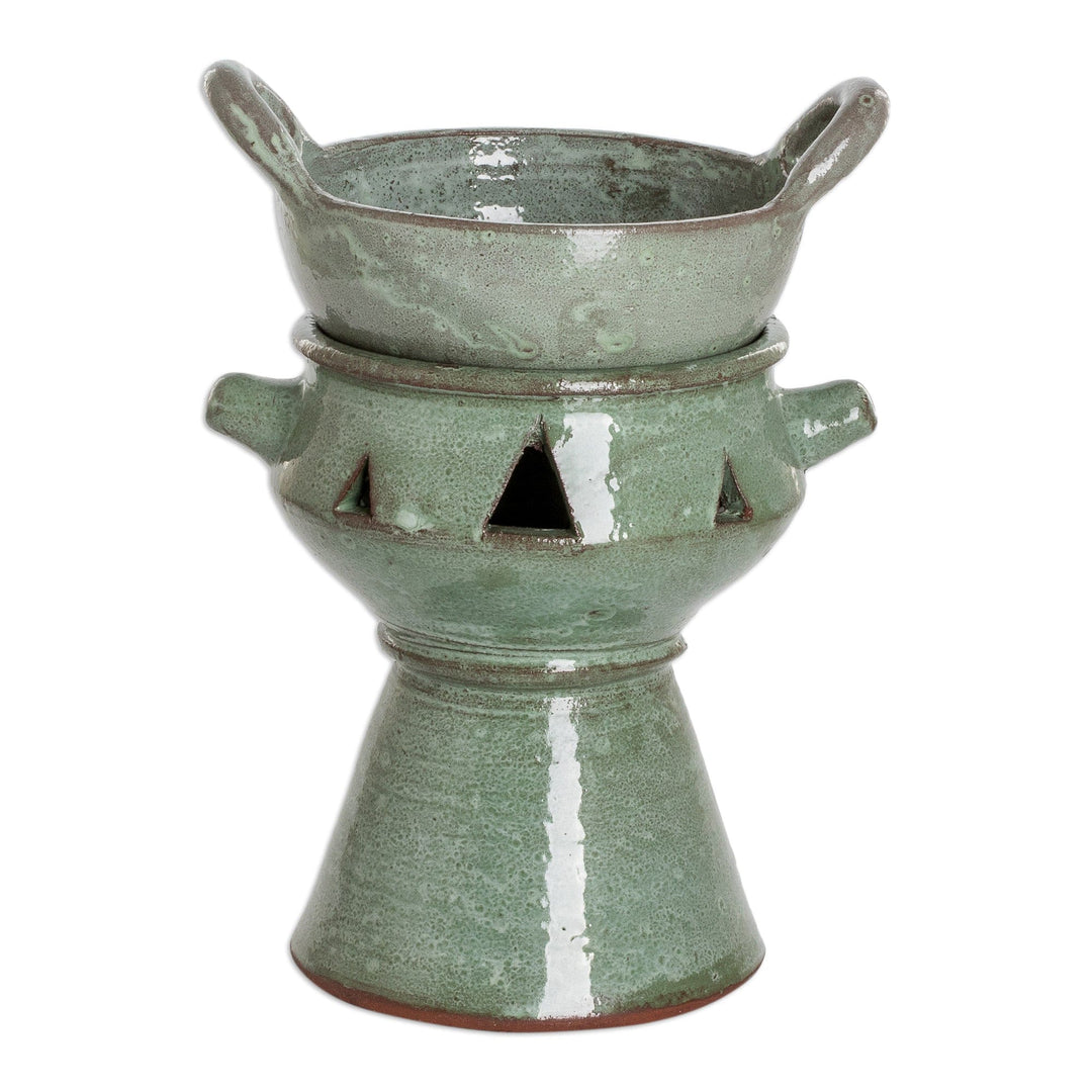 Handcrafted Ceramic Fondue Pot in Green Shade from Honduras - Explosion of Flavor in Green