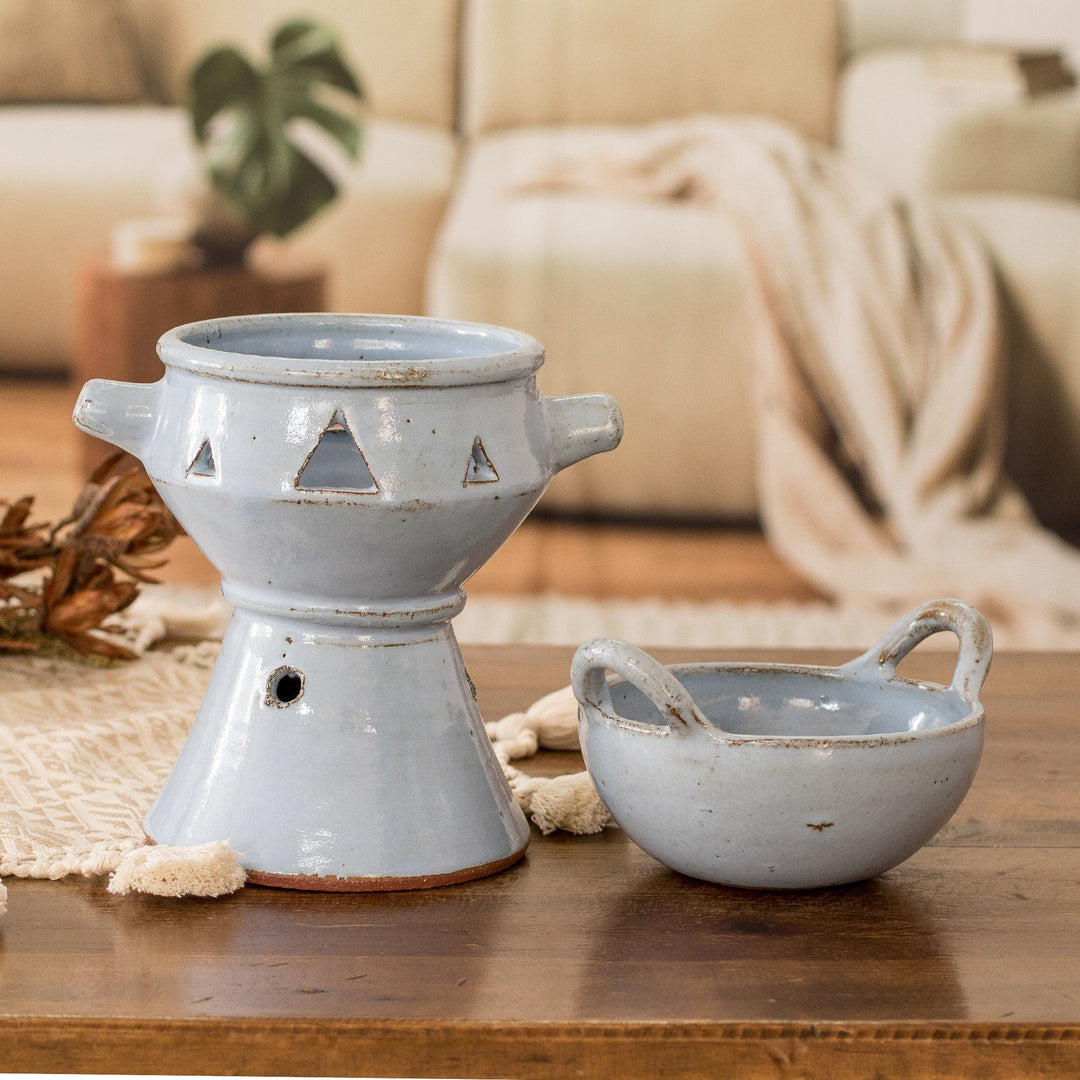 Handcrafted Ceramic Fondue Pot in Light Blue from Honduras - Sky Blue Explosion of Flavor