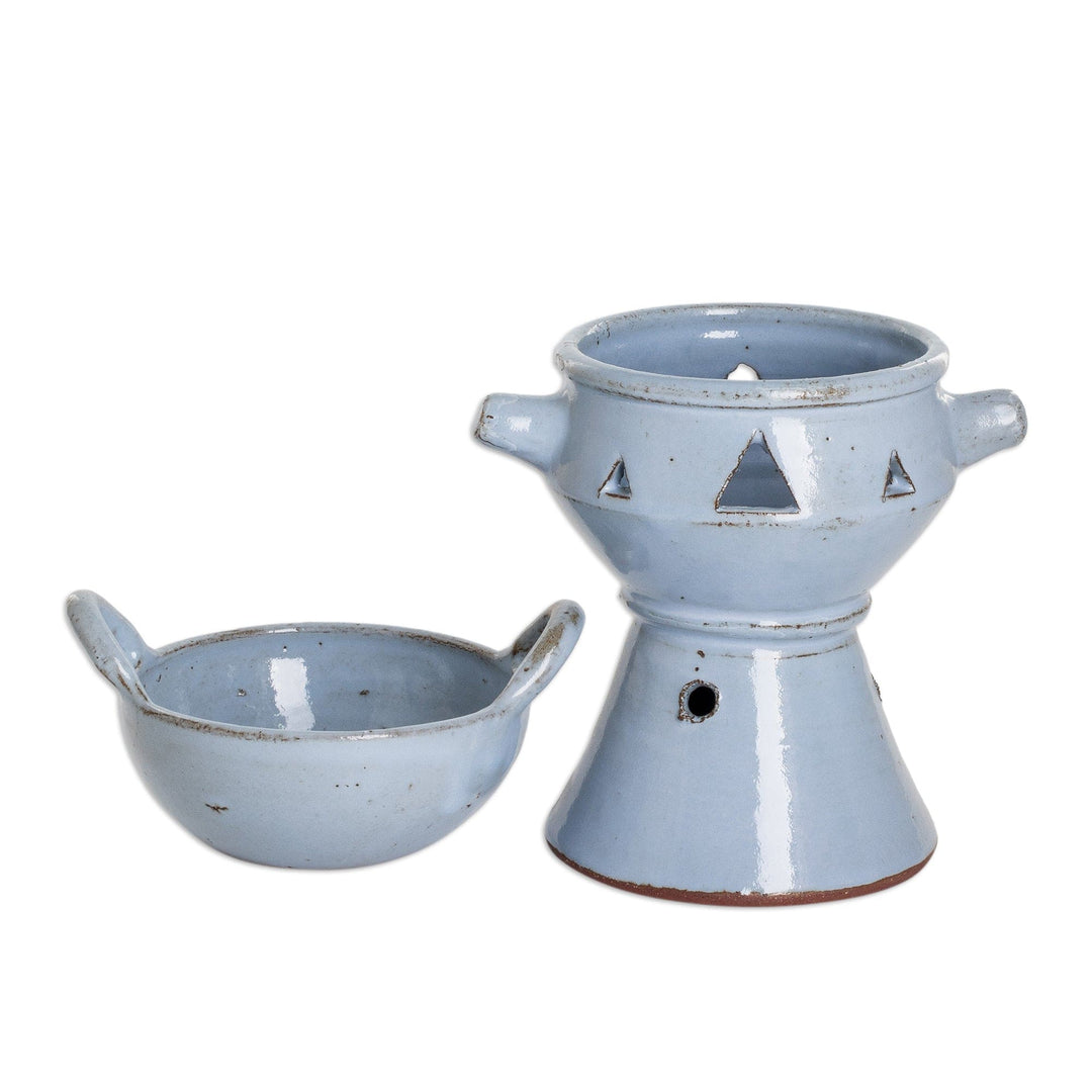 Handcrafted Ceramic Fondue Pot in Light Blue from Honduras - Sky Blue Explosion of Flavor