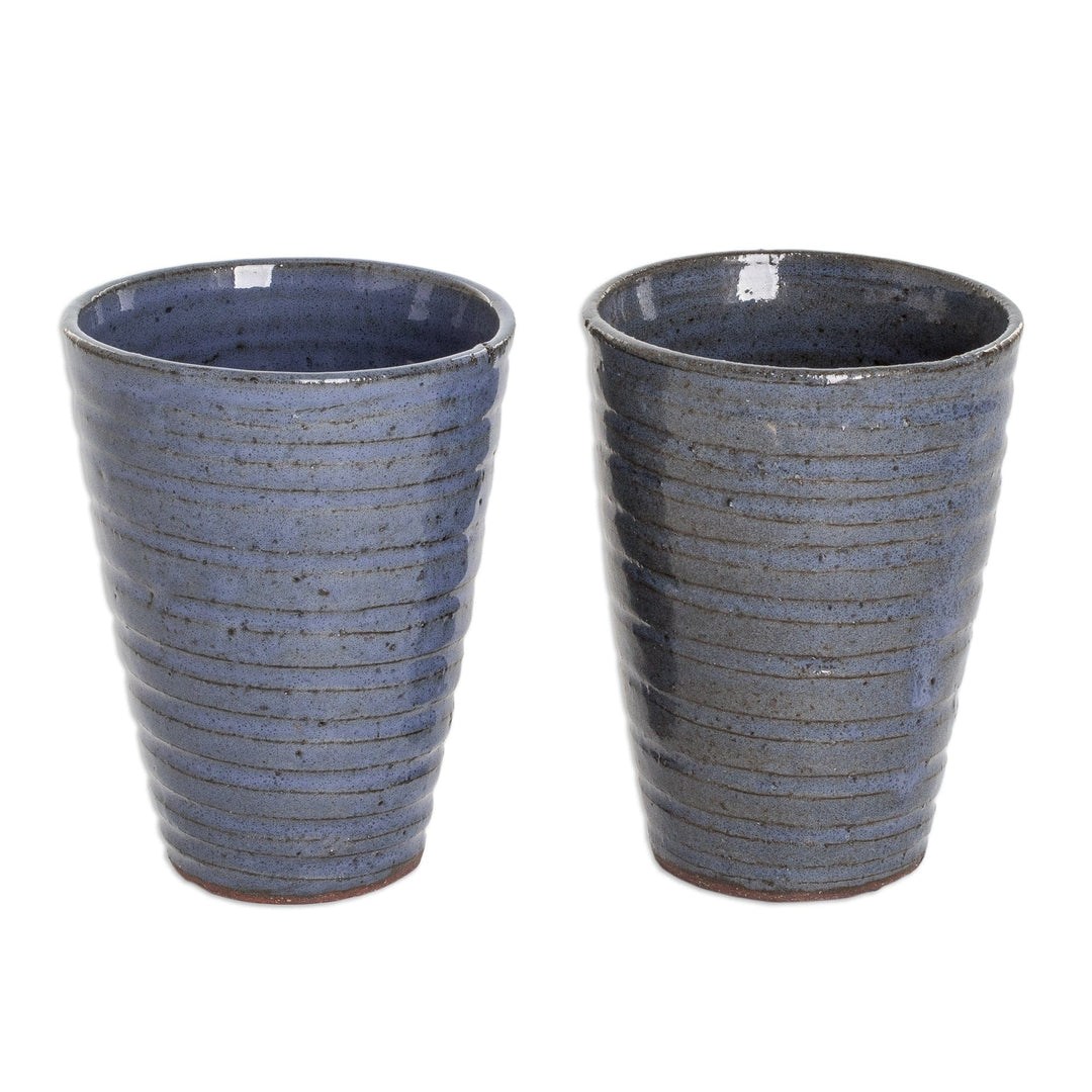 Pair of Shabby Chic Ceramic Cups in Blue and Brown - Bluish Depth