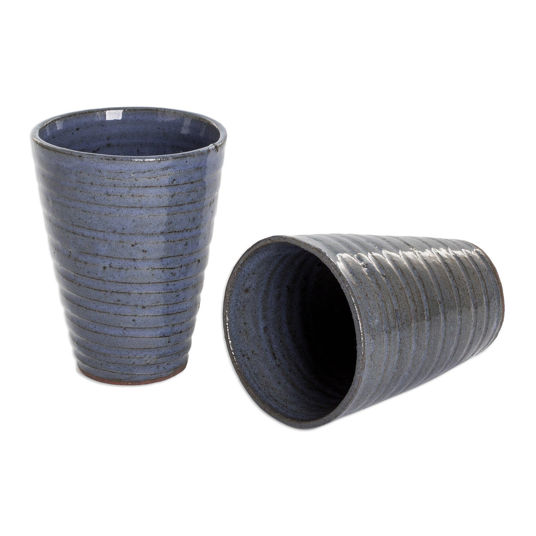 Pair of Shabby Chic Ceramic Cups in Blue and Brown - Bluish Depth