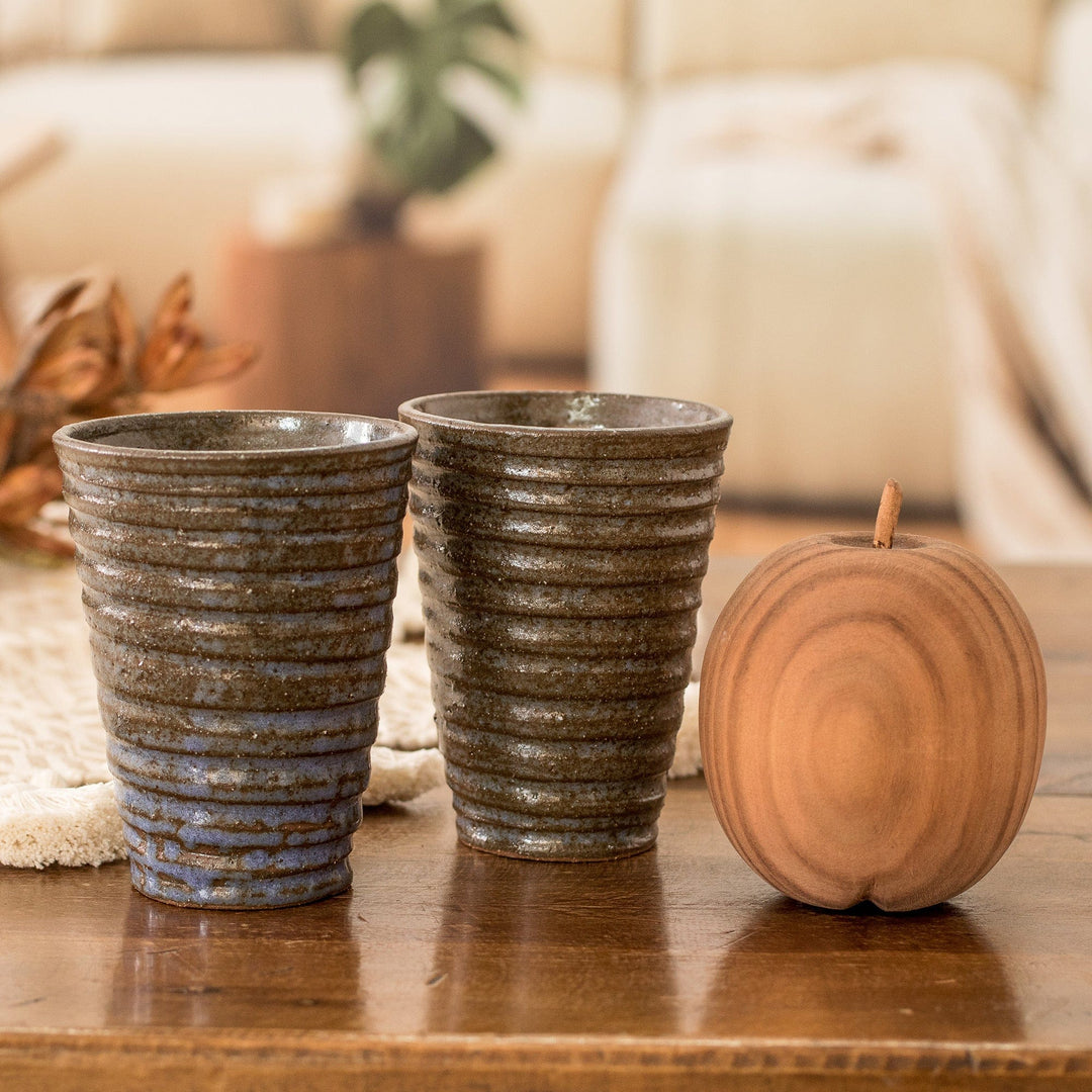 Two Brown and Blue Ceramic Cups with Antique Finish - Sweetness and Flavor