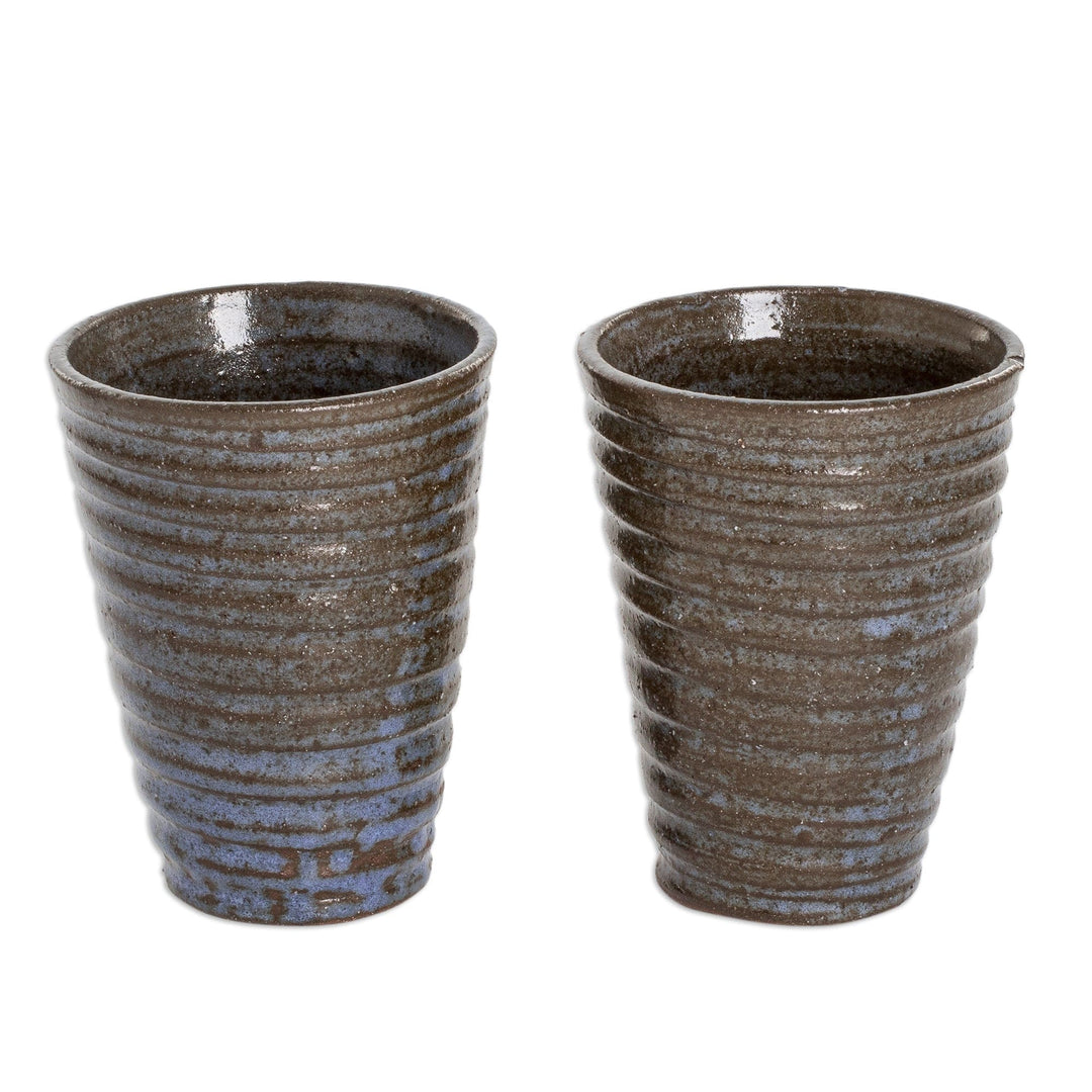 Two Brown and Blue Ceramic Cups with Antique Finish - Sweetness and Flavor