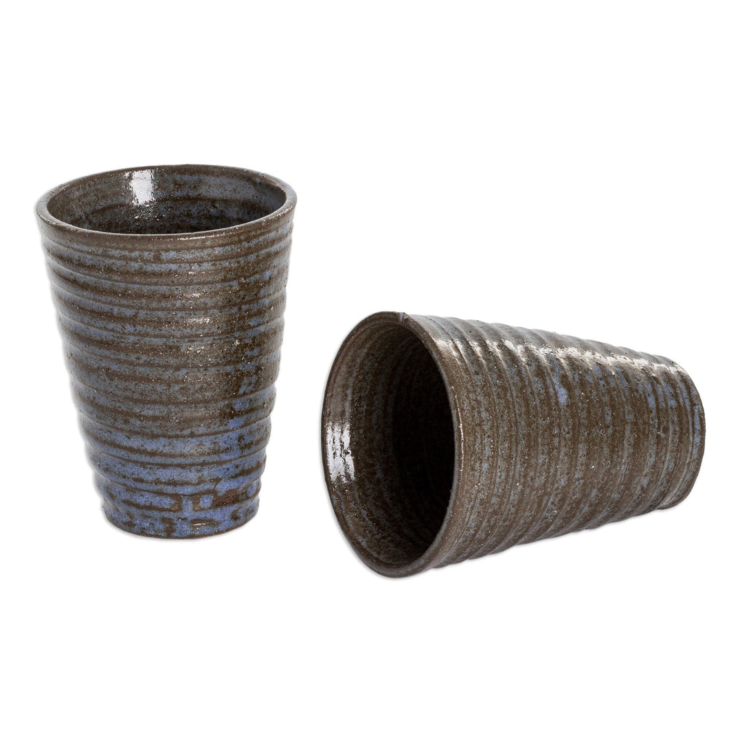 Two Brown and Blue Ceramic Cups with Antique Finish - Sweetness and Flavor