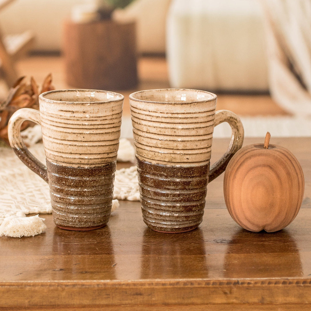 Traditionally Crafted Ceramic Mugs in Ivory and Brown (Pair) - Authentic Flavor