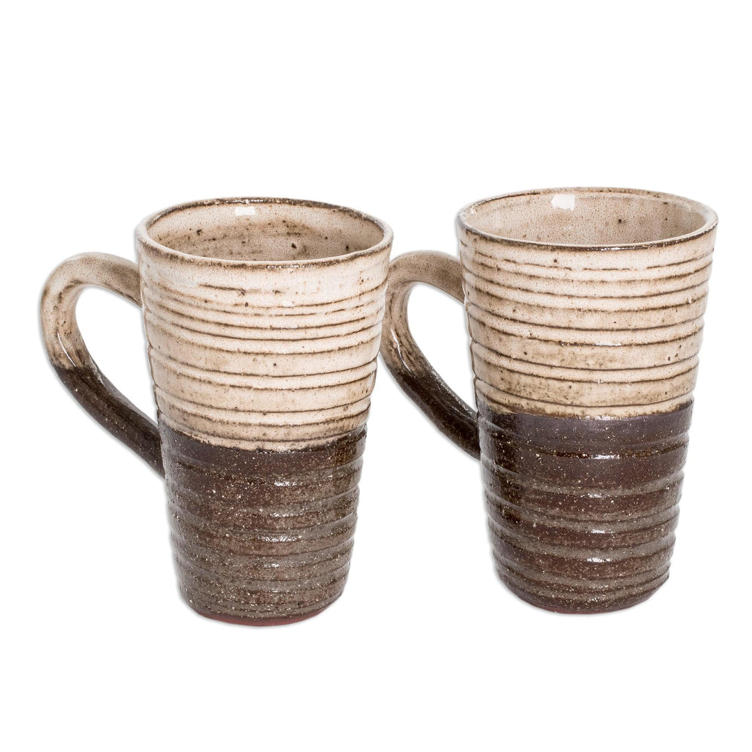Traditionally Crafted Ceramic Mugs in Ivory and Brown (Pair) - Authentic Flavor