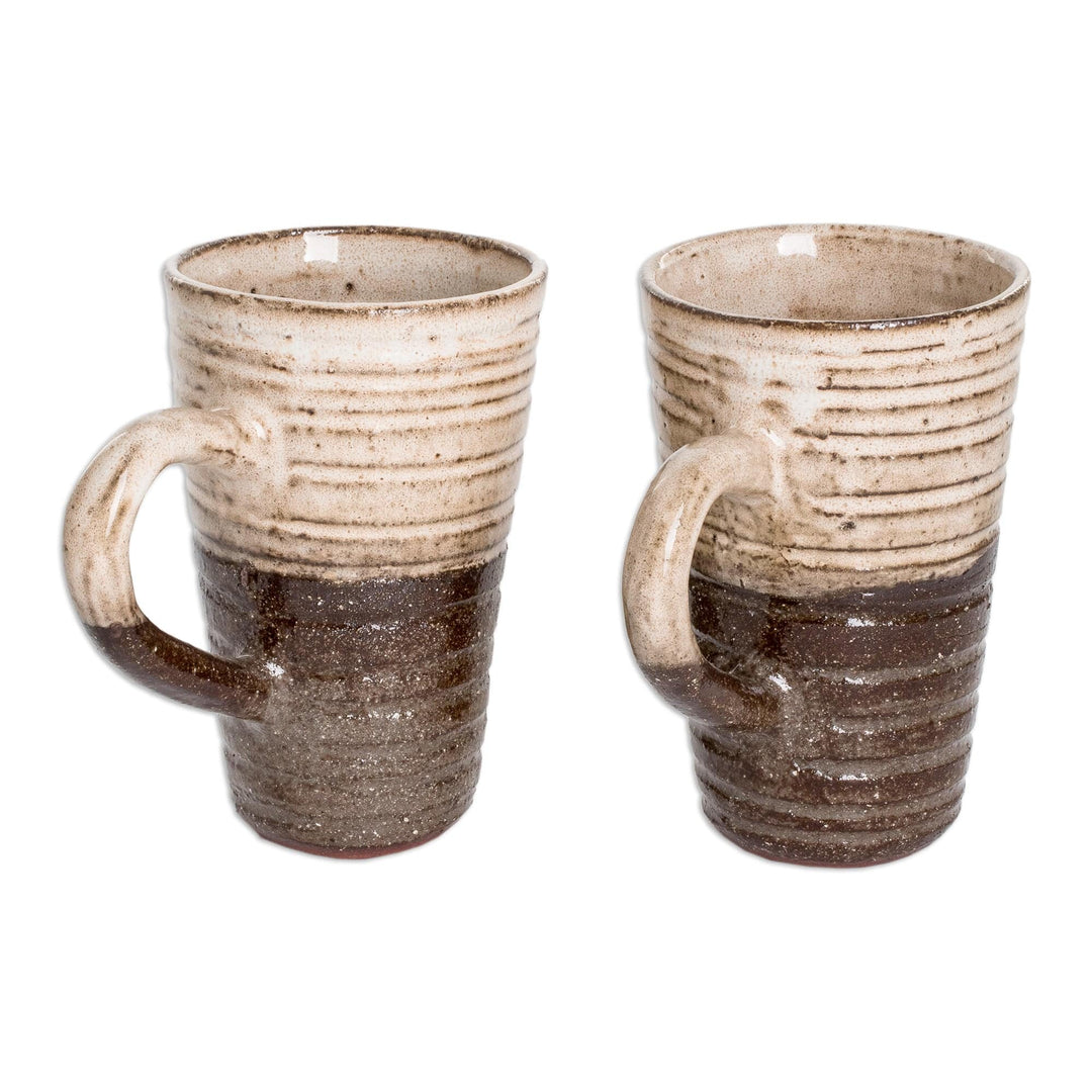 Traditionally Crafted Ceramic Mugs in Ivory and Brown (Pair) - Authentic Flavor