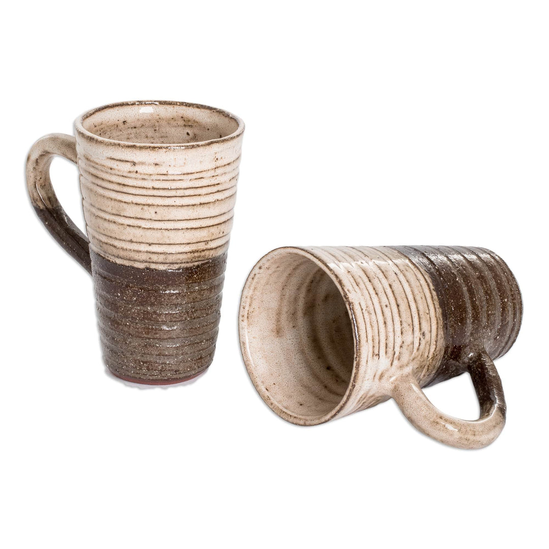 Traditionally Crafted Ceramic Mugs in Ivory and Brown (Pair) - Authentic Flavor