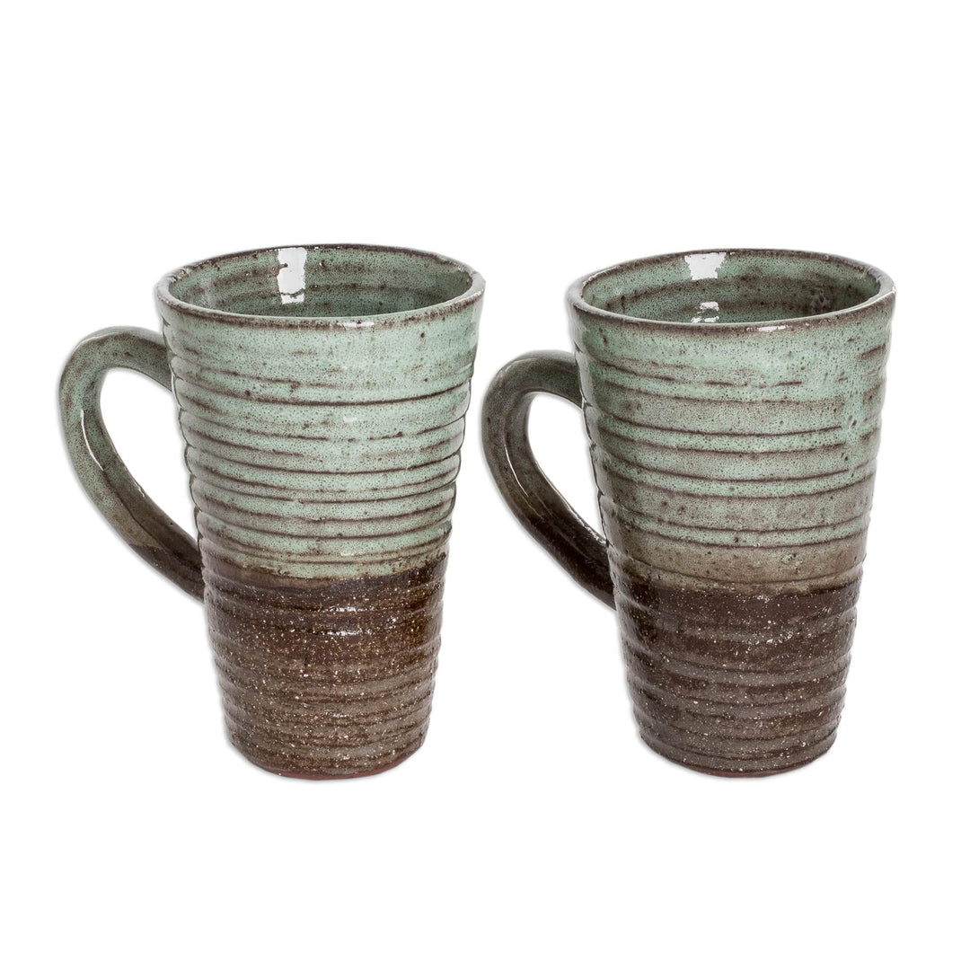 Handcrafted Ceramic Mugs in Jade Green and Brown (Pair) - Harmonious Flavor