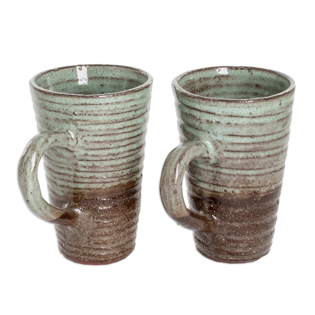 Handcrafted Ceramic Mugs in Jade Green and Brown (Pair) - Harmonious Flavor
