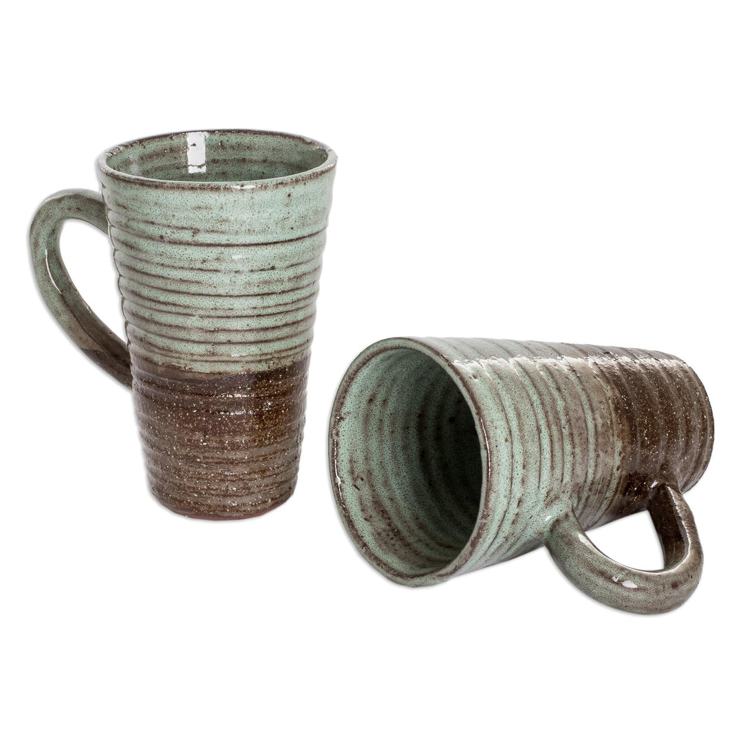 Handcrafted Ceramic Mugs in Jade Green and Brown (Pair) - Harmonious Flavor