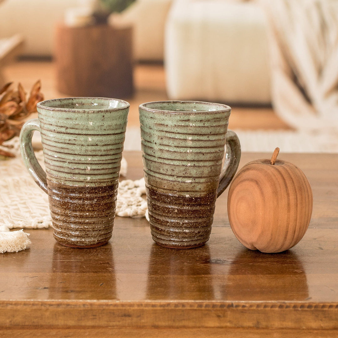 Handcrafted Ceramic Mugs in Jade Green and Brown (Pair) - Harmonious Flavor