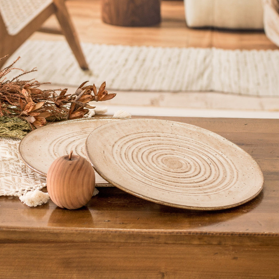 Pair of Traditionally Made Beige Spiral Motif Dinner Plates - Appetite for Tenderness