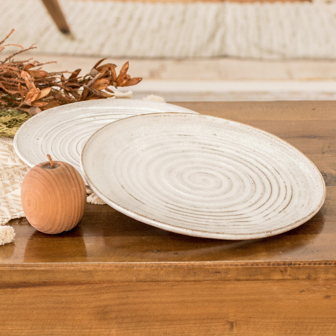 Pair of Traditionally Made White Spiral Motif Dinner Plates - Appetite for Elegance