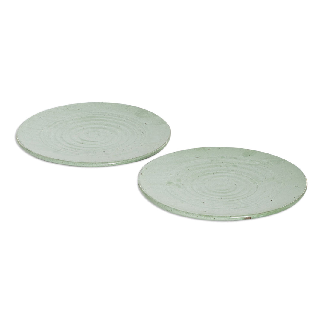 Pair of Handmade Spiral-Themed Green Ceramic Dessert Plates - Dapper Mint