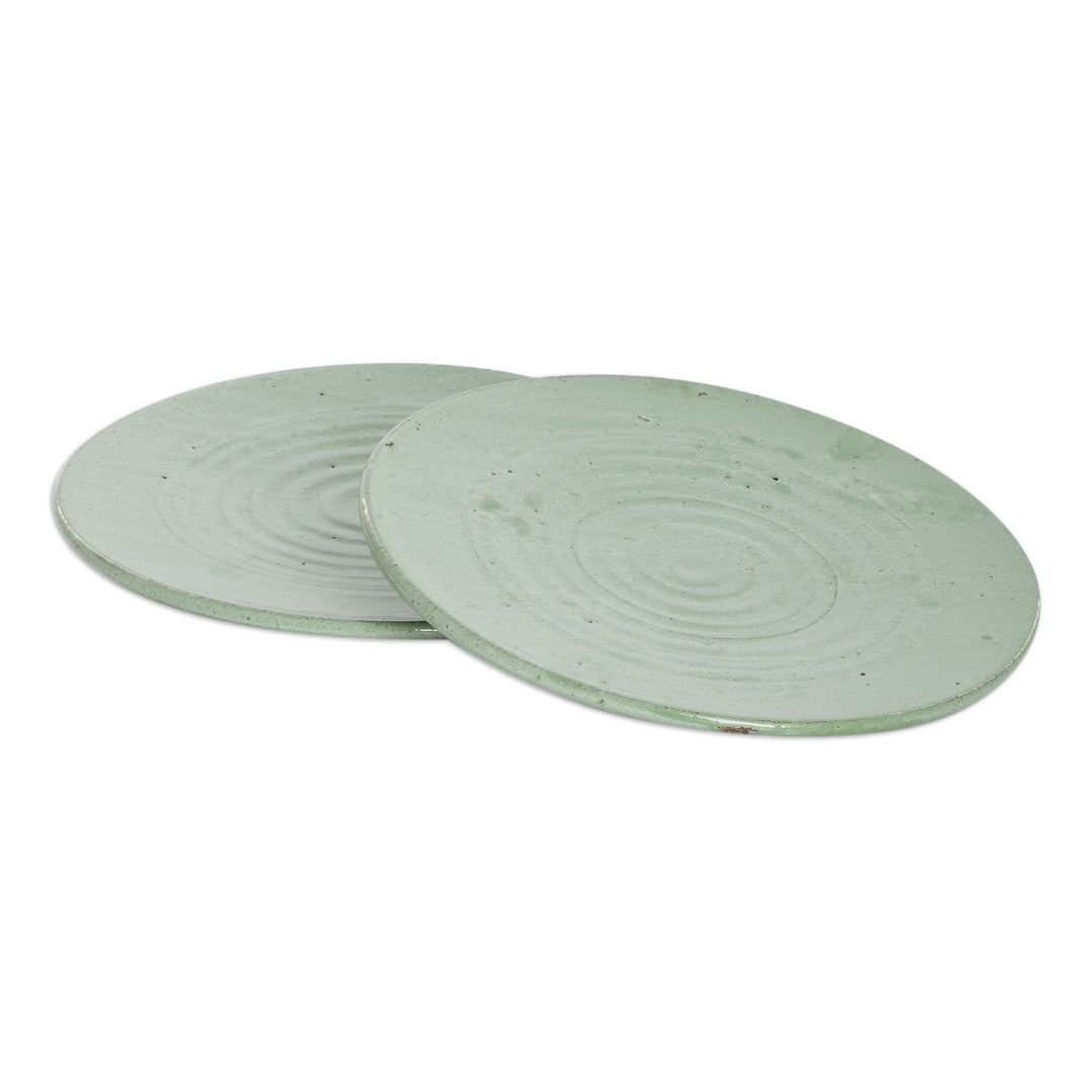 Pair of Handmade Spiral-Themed Green Ceramic Dessert Plates - Dapper Mint