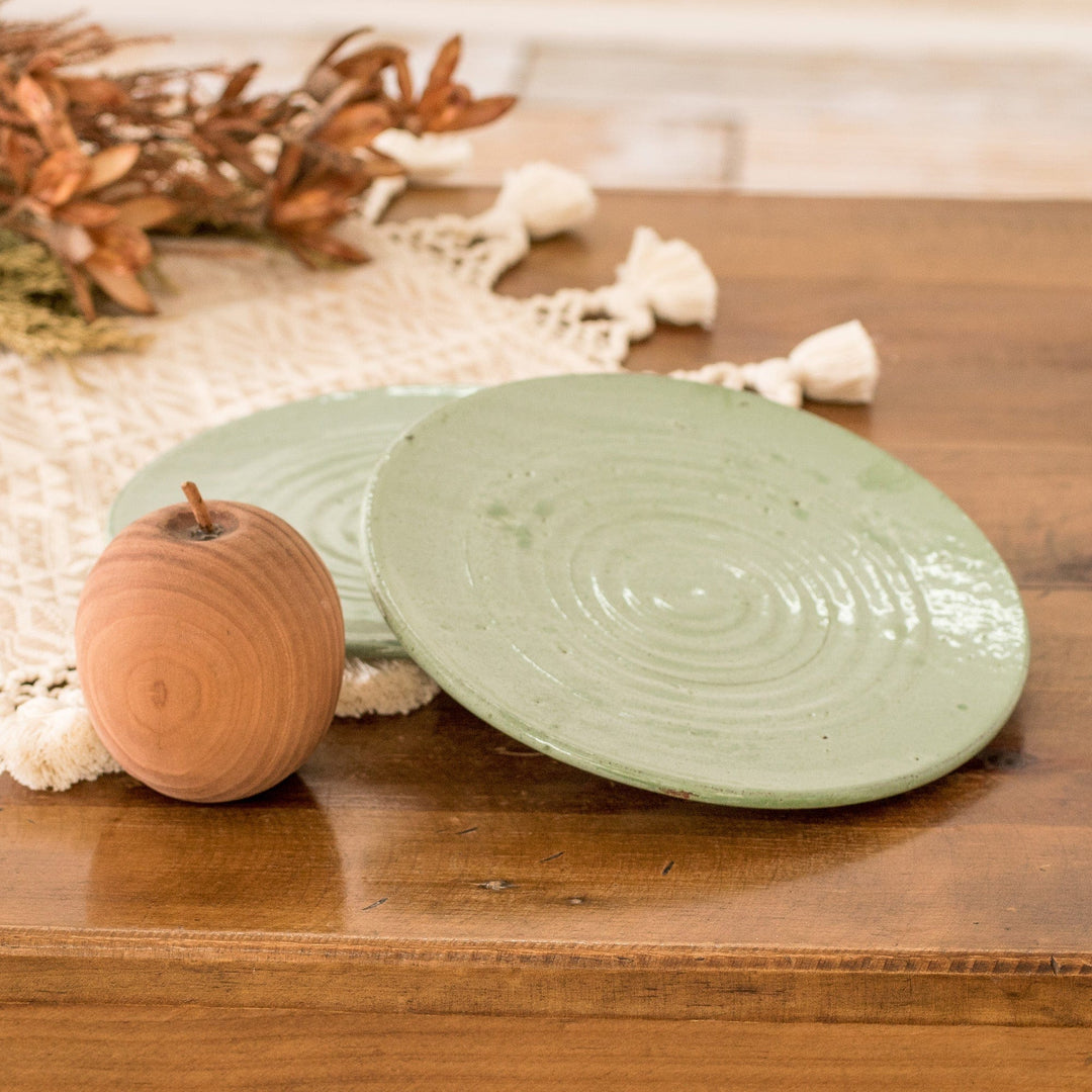 Pair of Handmade Spiral-Themed Green Ceramic Dessert Plates - Dapper Mint