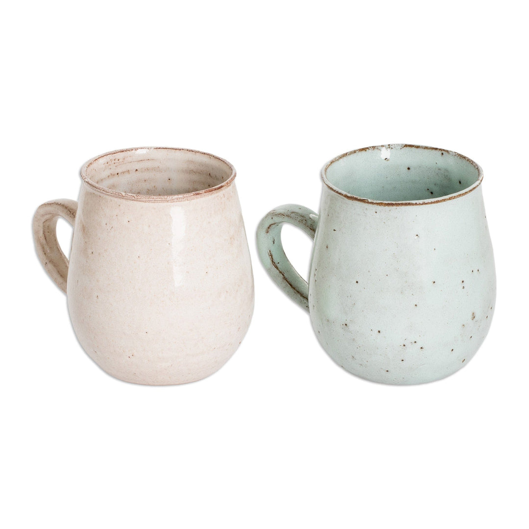 Set of 2 Handcrafted Pale Green and Ivory Ceramic Mugs - Serene Delights