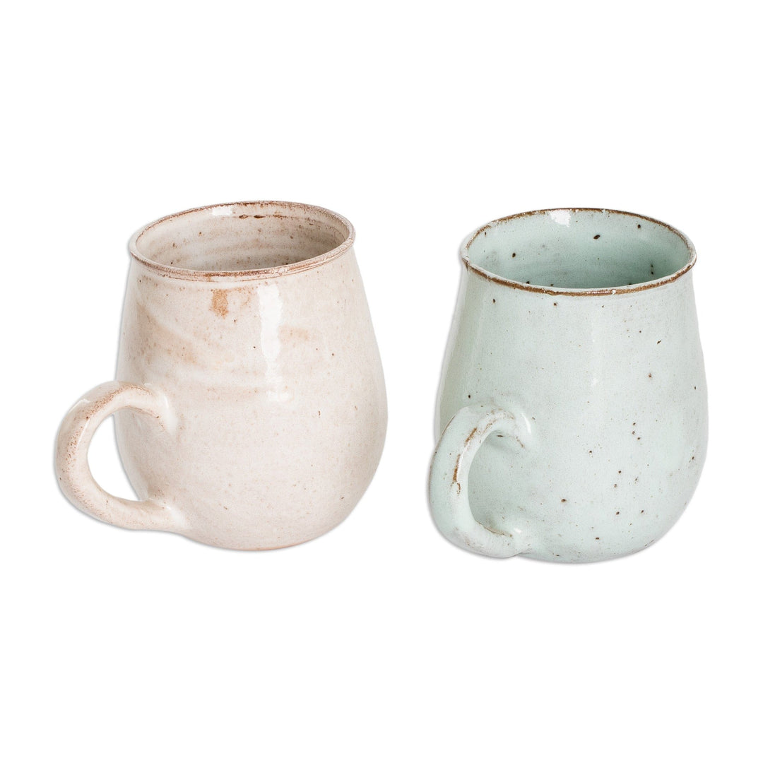 Set of 2 Handcrafted Pale Green and Ivory Ceramic Mugs - Serene Delights