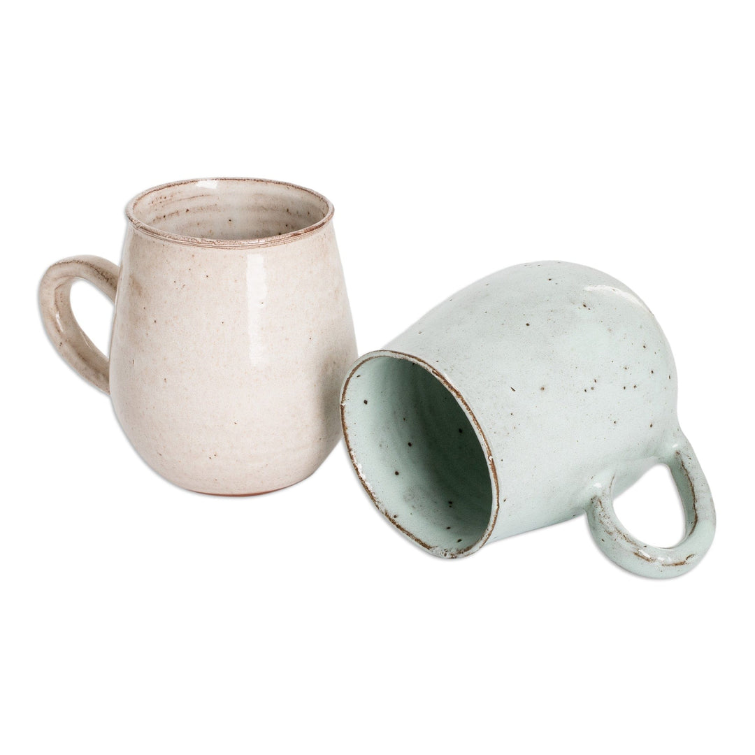 Set of 2 Handcrafted Pale Green and Ivory Ceramic Mugs - Serene Delights