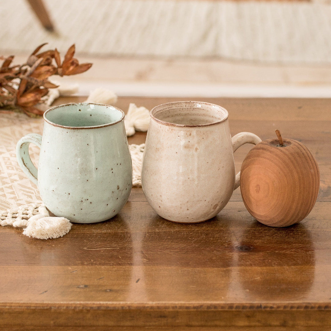 Set of 2 Handcrafted Pale Green and Ivory Ceramic Mugs - Serene Delights