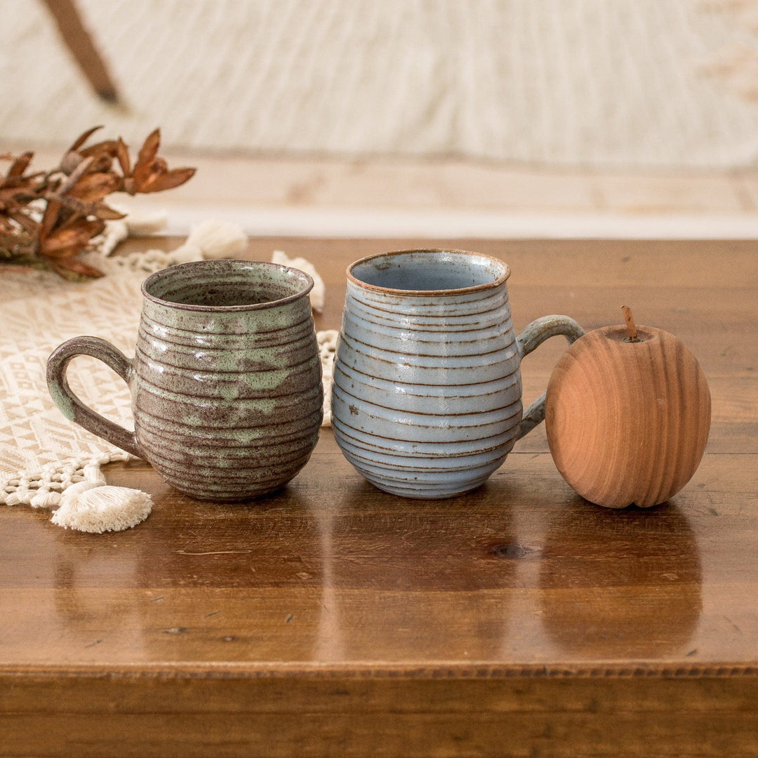 Set of 2 Handmade Striped Sky Blue and Green Ceramic Mugs - Cozy Aroma