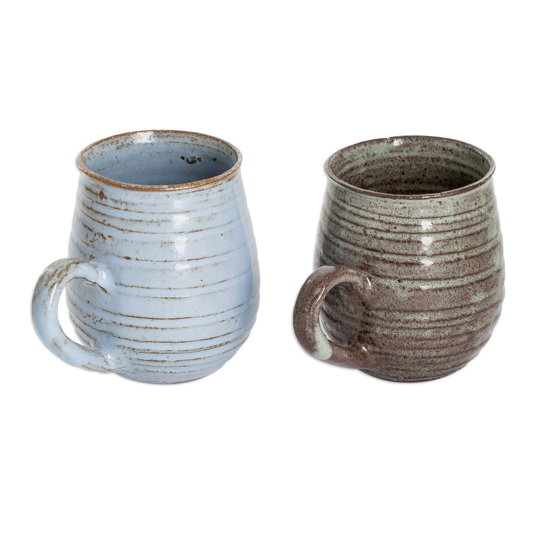 Set of 2 Handmade Striped Sky Blue and Green Ceramic Mugs - Cozy Aroma