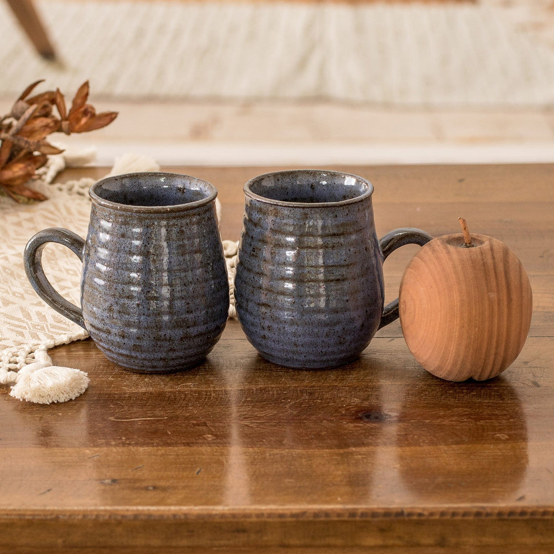 Pair of Handcrafted Striped Blue Ceramic Mugs from Honduras - Enchanting Aroma