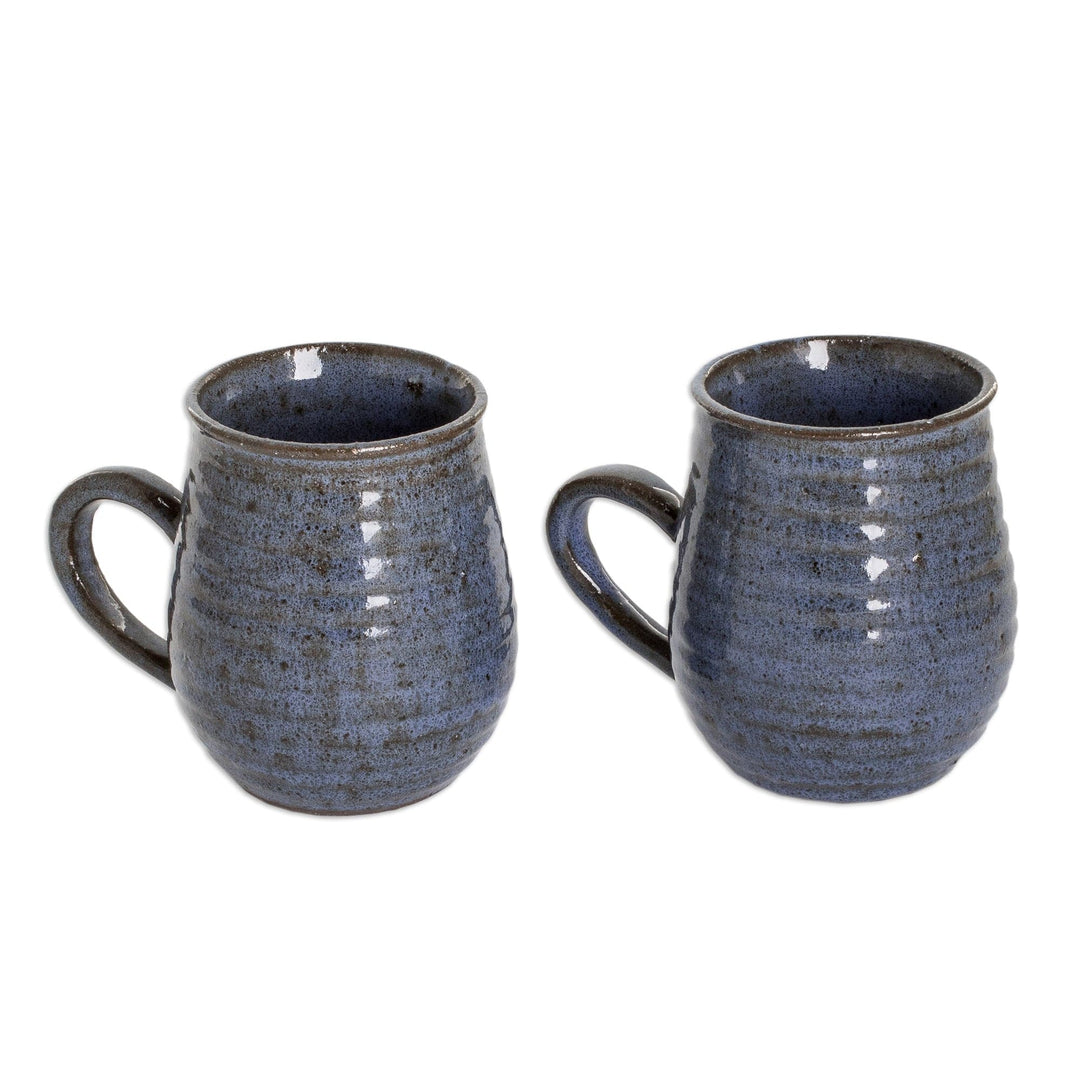 Pair of Handcrafted Striped Blue Ceramic Mugs from Honduras - Enchanting Aroma