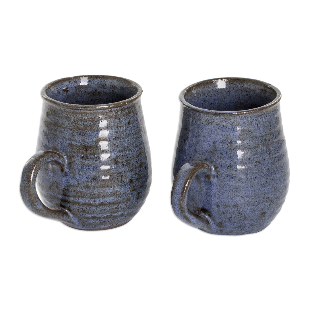Pair of Handcrafted Striped Blue Ceramic Mugs from Honduras - Enchanting Aroma