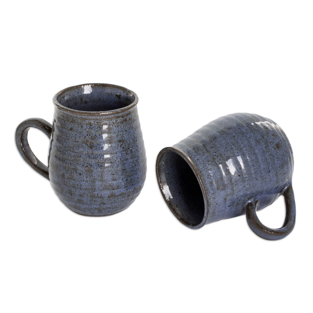 Pair of Handcrafted Striped Blue Ceramic Mugs from Honduras - Enchanting Aroma